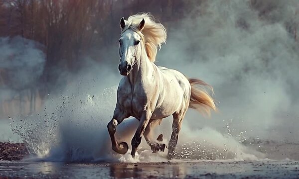 White Horse Galloping Through Water