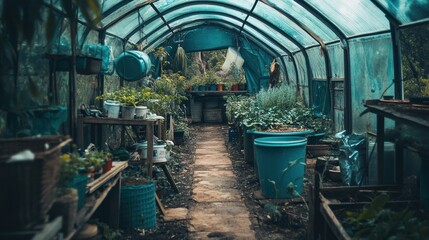 A green house with plants growing in pots, with a dirt path and wooden shelves lining the walls.