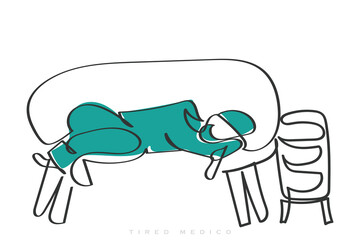 hand drawn line art vector of a medical professional in scrubs lying down sleeping on a couch after a long duty call. Overworked doctors and nurses concept