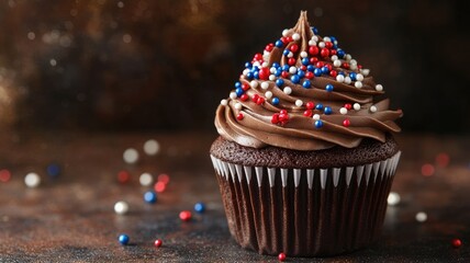 Chocolate cupcake with rich frosting topped with red, white, and blue sprinkles, perfect for patriotic celebrations.