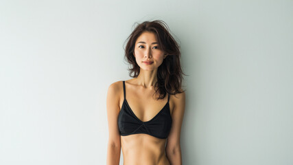 Fototapeta premium The Asian model refined elegance in bikini bra is accentuated by minimalist backgrounds and soft lighting, showcasing the simplicity and timeless sophistication of her style.