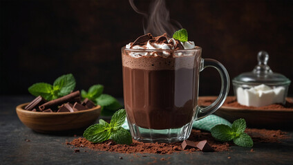 Hot chocolate infused with mint, served in a glass mug with a sprig of fresh mint on the side.