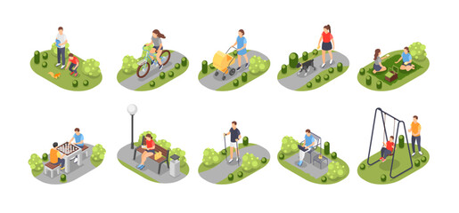 Isometric people in city park. Person outdoor rest, walking dog, ride bicycle and eating. Girl reading on bench, man working, flawless vector scenes