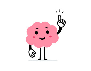 Vector cartoon illustration of cute happy brain character with raise index finger up on white color background. Flat doodle style design of attention think brain