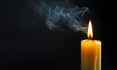 Candlelight with black background and copy space. Memorial concept. The wax candle with a flame. 