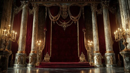 A grand stage with ornate columns, draped curtains, and elegant candelabras.
