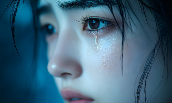 Close up portrait of young crying woman. Autumn depression concept.