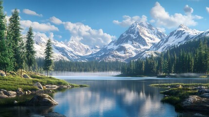 Fototapeta premium Tranquil Mountain Lake with Misty Morning