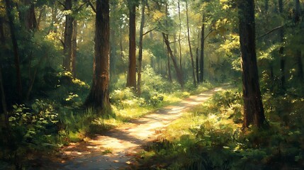 Obraz premium Sunlit Path Through the Woods