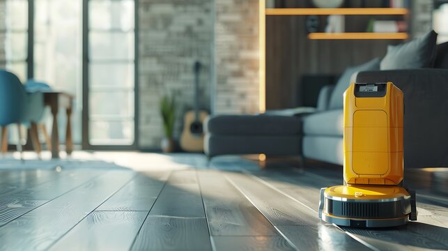 Cleaning households in an upright vacuum cleaner is a lifelike yellow robot
