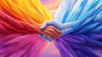 Two hands are holding each other in a colorful paper, AI