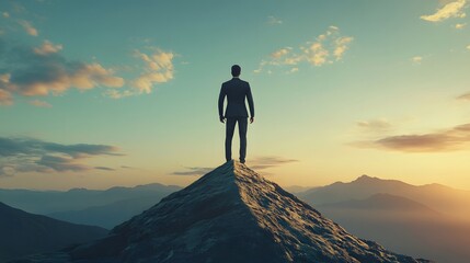Businessman Standing on Mountain Peak at Sunset