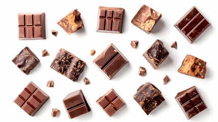 Delicious chocolate pieces arranged beautifully on a clean background. Various textures and shapes create an inviting look. Perfect for food photography and dessert inspiration. AI