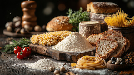 Fototapeta premium A selection of gluten-free food items, such as flour, bread, and pasta, arranged together. The scene should emphasize the texture and appearance of each item, highlighting the quality and unique chara