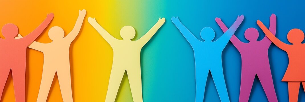unity and diversity wide graphic featuring paper cutout people in all colors and rainbow background