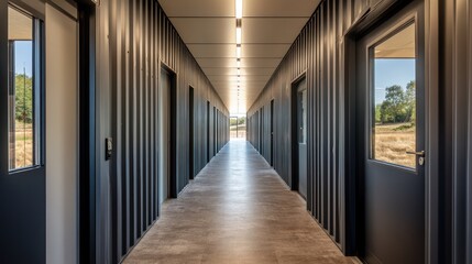 Modern hallway with grey walls, a concrete floor, and a view of the outdoors from a window.