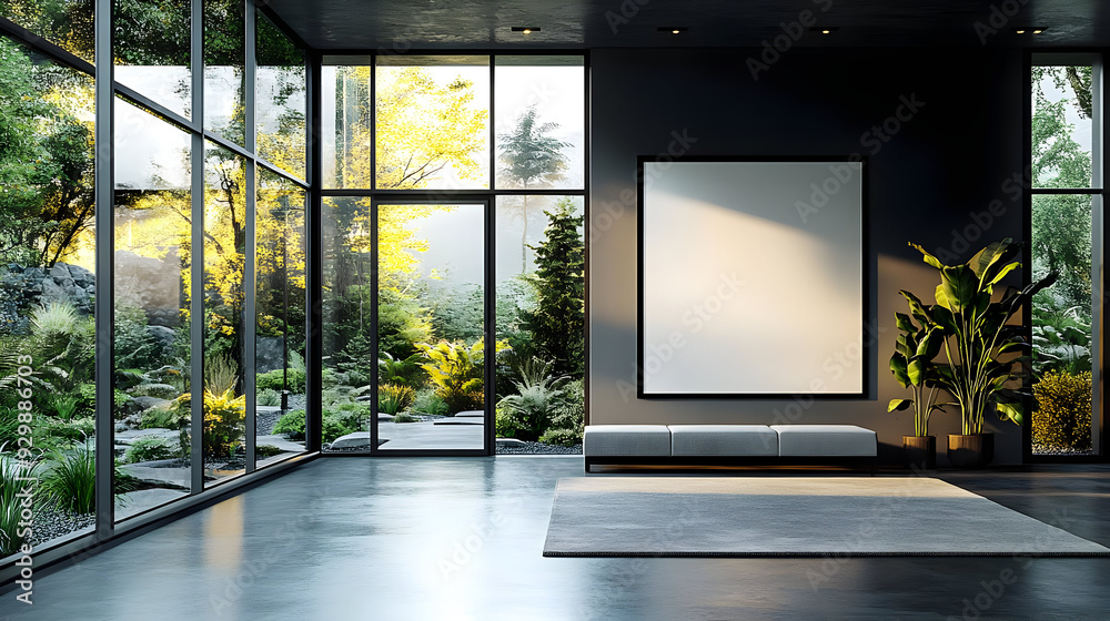 Wall mural Modern interior with large windows showcasing a lush garden view.