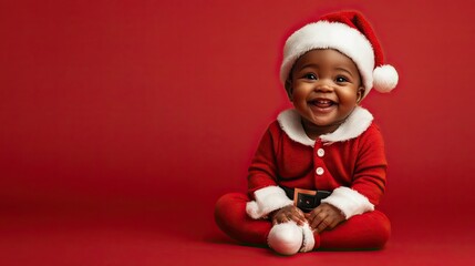 A smiling black baby dressed in a Santa Claus costume, isolated on a red background, studio shot.