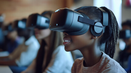 Group of Black students wearing advanced VR helmets in a modern classroom, immersed in interactive learning, futuristic setting, 8k resolution