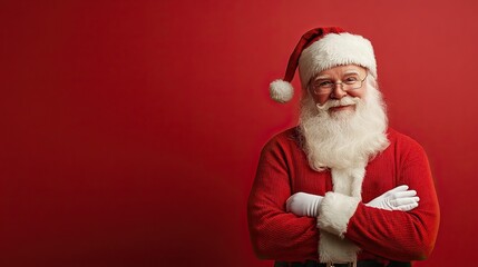 Santa Claus posing in arms crossed on red solid background. Copy space.