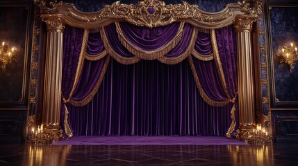A luxurious stage with purple curtains and ornate golden decorations.