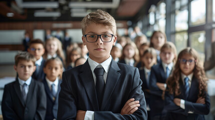 Confident young boys dressed in business attire, standing in an office with serious expressions, emphasizing their ambition and leadership qualities.