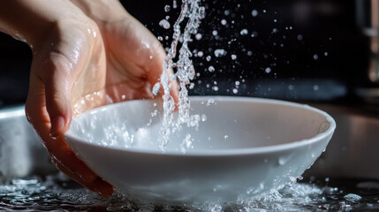 Fototapeta premium Hands rinsing a white bowl under running water, bright and clean
