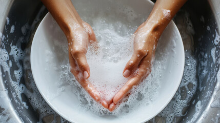 Fototapeta premium Hands rinsing a white bowl under running water, bright and clean