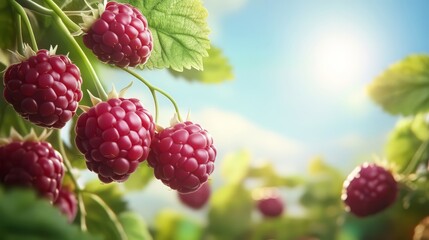 Ripe raspberries on vine under sunlight