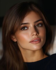 A woman with long brown hair and a black sweater