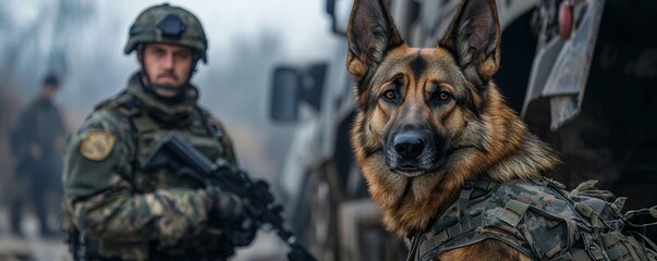 A soldier stands beside a trained police dog, showcasing the bond between military personnel and canine companions in an outdoor setting.