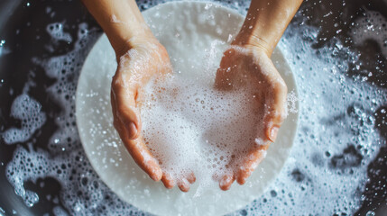 Fototapeta premium Hands scrubbing a white plate with soap, sparkling clean dishes