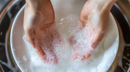 Fototapeta premium Hands scrubbing a white plate with soap, sparkling clean dishes