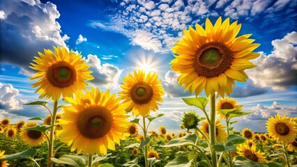 Obraz premium Vibrant sunflowers stretch towards a bright blue sky with fluffy white clouds, embodying warmth and joy, capturing the essence of a perfect, idyllic great day.