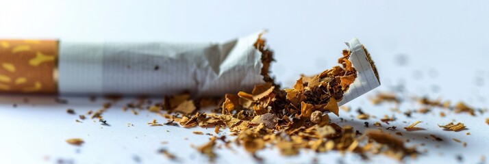 A broken cigarette lies on a pristine white background, representing the decision to quit smoking and its associated challenges. Generative AI