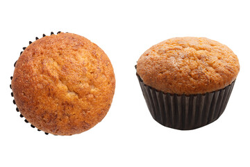 Top view and side view of banana cupcake isolated on transparent background