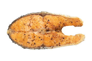 Top view of pan fried salmon fish steak isolated on transparent background