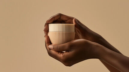 Close-up of hands holding a beige textured ceramic cup against a neutral background