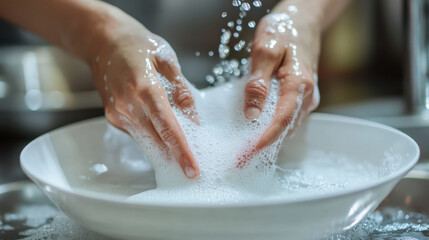 Fototapeta premium Hands washing white dishes with soapy water, clean and bright