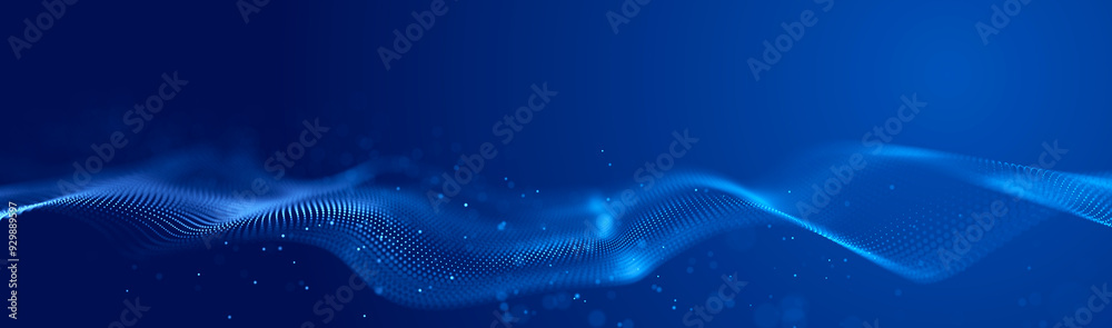 Poster futuristic wave of dots with moving particles. abstract technology background. 3d visualization of b