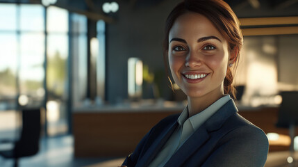 Naklejka premium High resolution 8k image of a smiling business woman in an office, realistic lighting, highly detailed, unreal engine