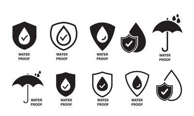 Waterproof icons Water Proof symbol Collection of water resistant signs Water protection liquid proof protection Shield with water drop. Water  Used for package. Vector illustration.