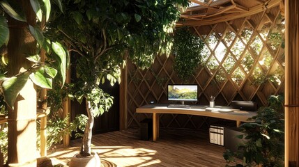 Obraz premium A wooden desk with a computer monitor and keyboard in a cozy and secluded office space with large windows that look out into a lush green forest.