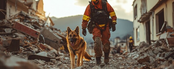 A rescuer in uniform walks through rubble with a loyal dog, showcasing the bond between humans and animals in disaster response.