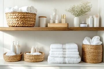 Bathroom interior shelves withtowels and bottles of shampoo and conditioner