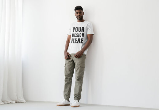 Mockup Of Man Wearing Customized T-Shirt Against Wall, Full Length