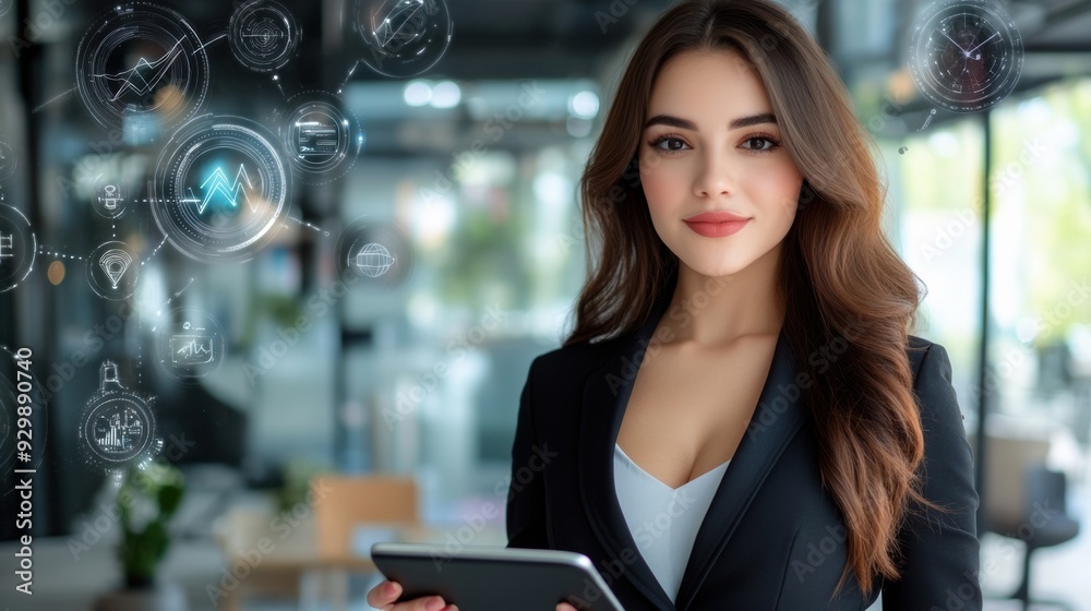 Wall mural a woman in business attire holding a tablet computer, ai