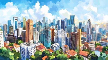 Obraz premium Watercolor Cityscape with Lush Greenery