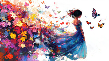 Obraz premium High-resolution image of a girl in a long dress with flowers and butterflies, colorful flowers flying in front 