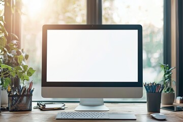 Fototapeta premium Mockup image of desktop with blank white computer screen and office supplies on wooden table